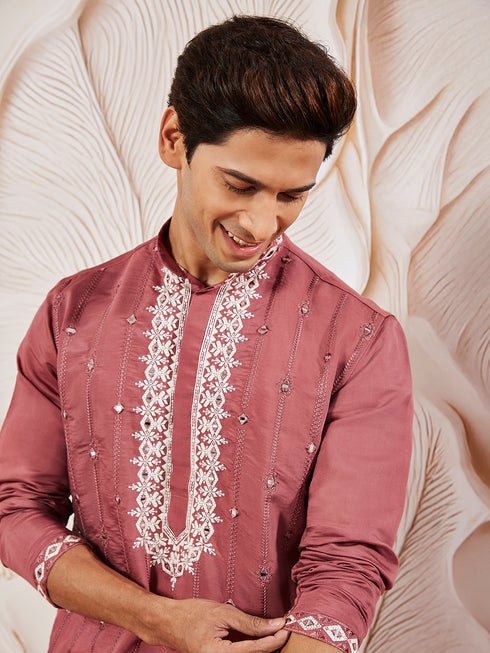 Men's Rose Pink Silk Blend Kurta Pant And Dupatta Set